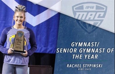 Rachel Stypinksi was named the 2018 MAC Gymnast of the Year and Senior Gymnast of the Year. Just the third repeat winner since the inaugural award was given in 1997, Stypinski had the conference’s highest regular season Regional Qualifying Score (RQS) for all-around (39.065), floor (9.930) and beam (9.910). She entered the weekend ranked ninth in the country on floor and 11th on beam.